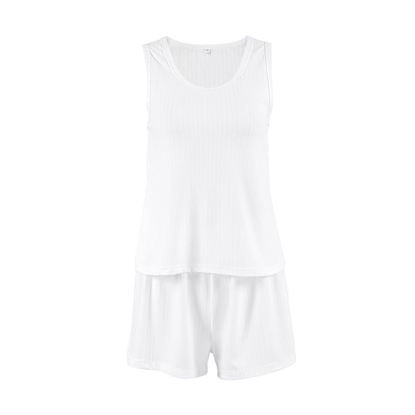 Spring Knitted Sunken Stripe Ladies Homewear Vest Shorts Two Piece Set Casual Soft Simple Pajamas Bella Mia