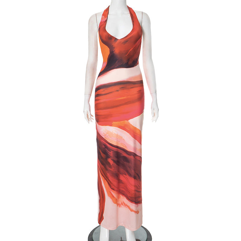 Women Clothing Spring Summer Floral Print Halter Strap Slit Length Dress Bella Mia