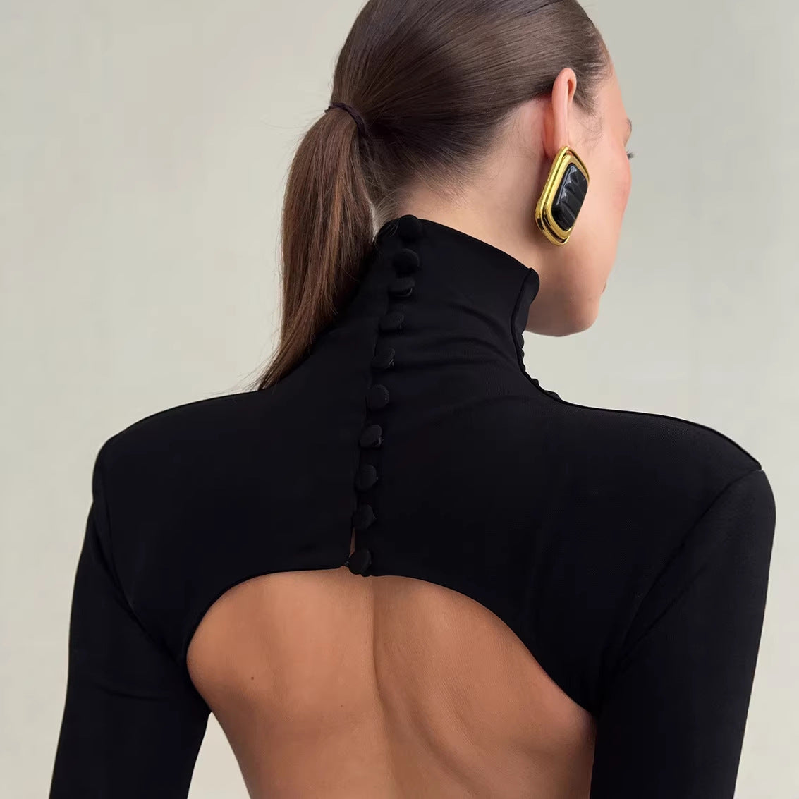 Spring Elegant Black Sexy Backless Knitted Slim Fit Long Sleeved Turtleneck Dress for Women Bella Mia