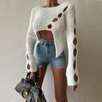 Sweater Women Cropped Hollow Out Cutout Long Sleeve Solid Color round Neck Knitted Sweater Women Bella Mia