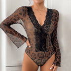 Sexy Bell Sleeve Lace Stitching Leopard Print Mesh Jumpsuit Bella Mia