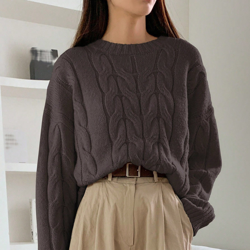 Autumn Winter Women Cable Knit Pullover Sweater Loose round Neck Solid Color All Matching Trendy Knitwear Top Bella Mia