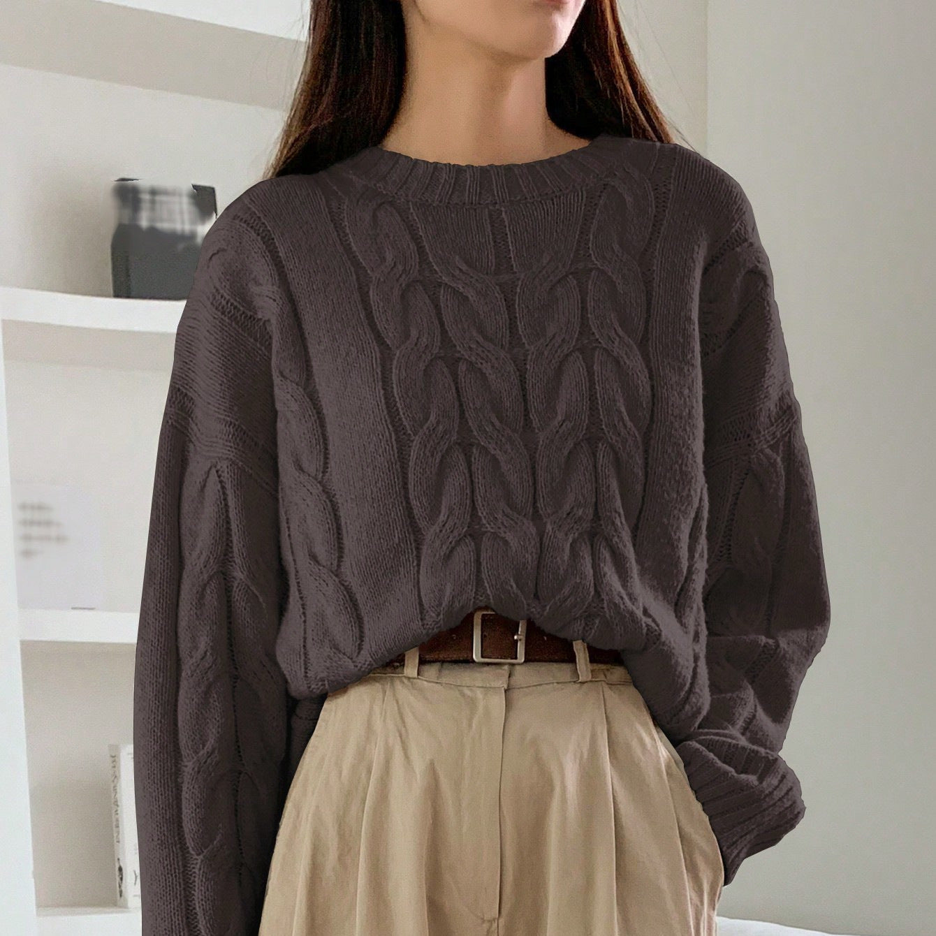 Autumn Winter Women Cable Knit Pullover Sweater Loose round Neck Solid Color All Matching Trendy Knitwear Top Bella Mia
