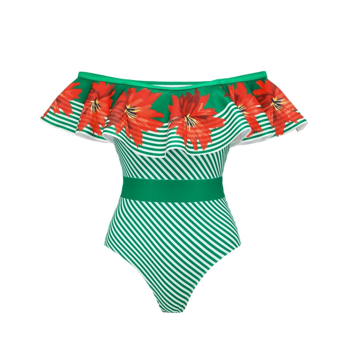 Swimsuit Green Striped Floral Stitching Swimsuit Women Tube Top Swimsuit Bella Mia