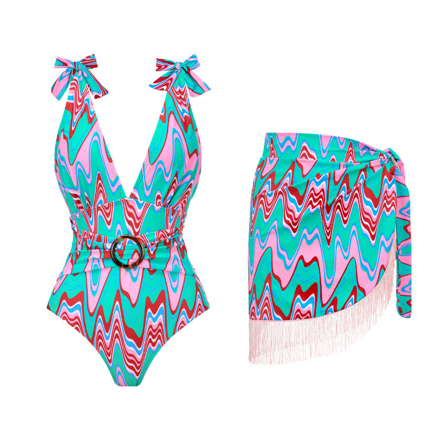 Spring Sexy Swimsuit Women Conservative Printed Swimsuit Wrap Skirt Set Bella Mia