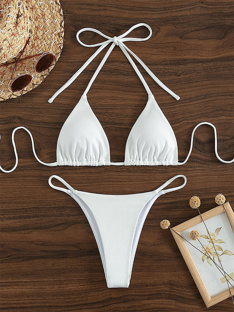 Printing Halter Spaghetti Straps Sexy Bikini Pleated Lace up Triangle Spring Split Swimsuit Bella Mia