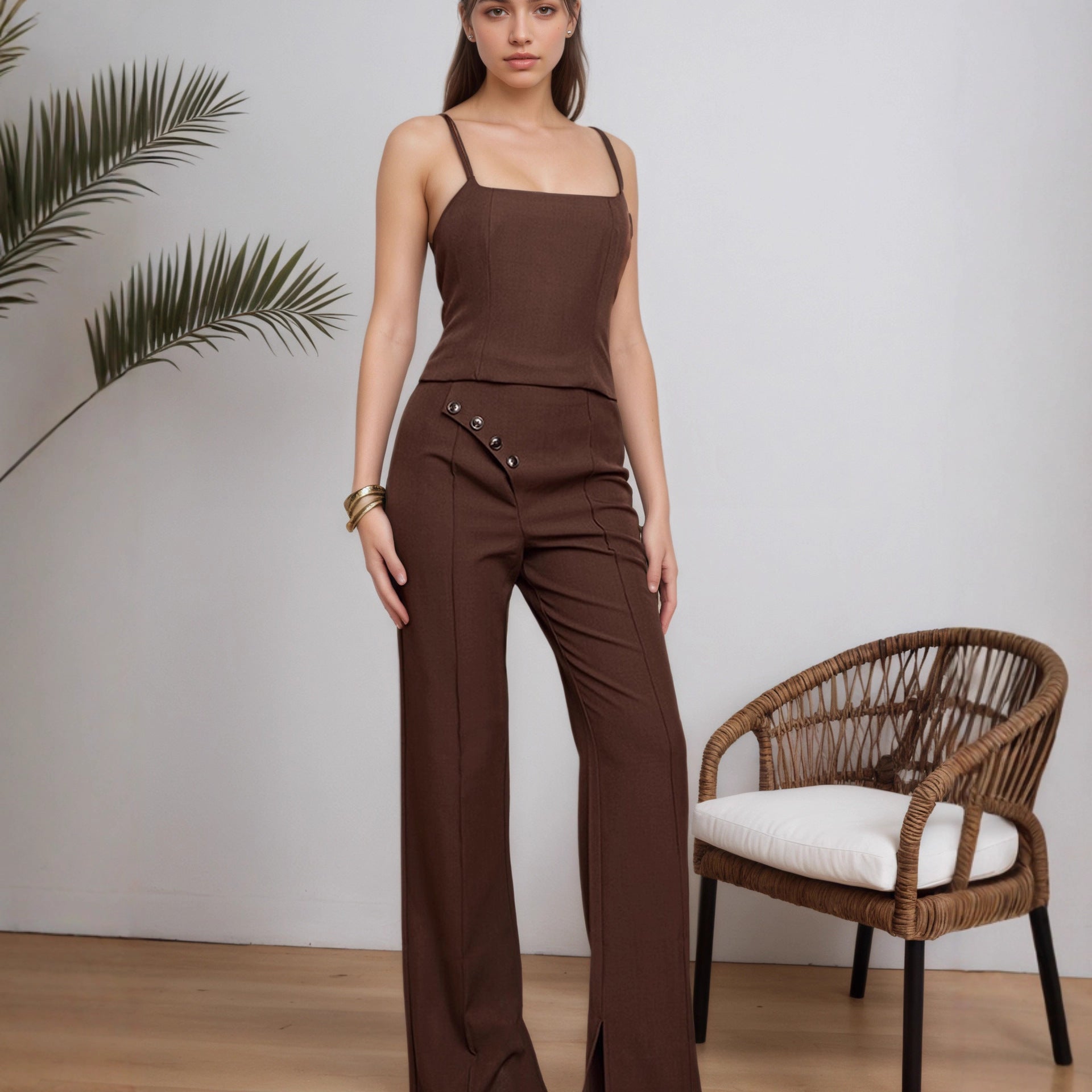 Women Clothing Spring Summer Women Elegant Sleeveless Wide Leg Pants Two Piece Set