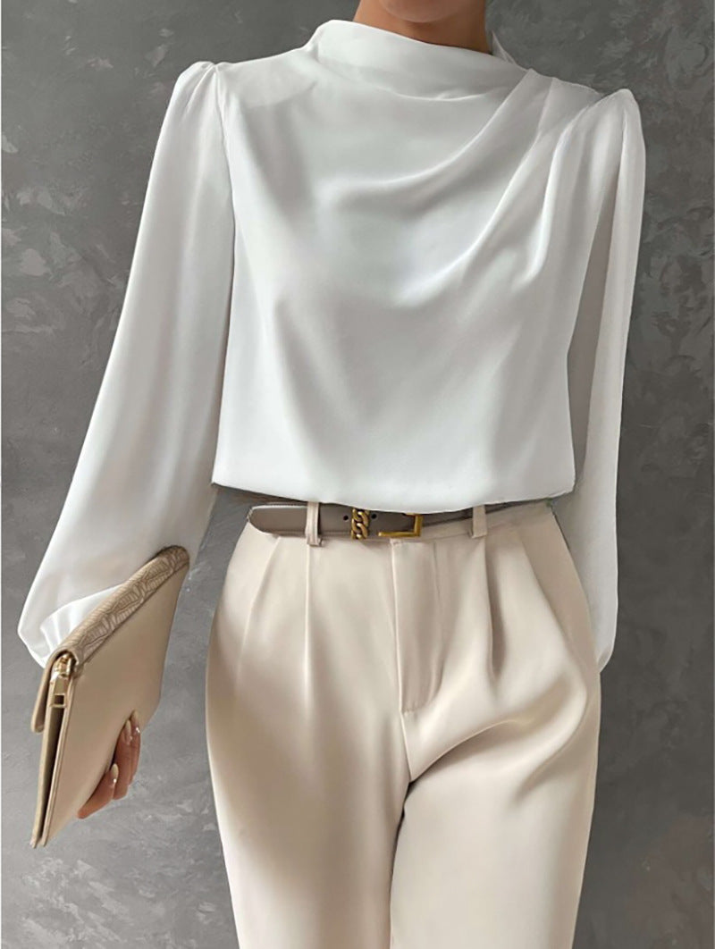 Solid Color Pleated Women Shirt Elegant Pullover Satin Top Office Long Sleeve Top Bella Mia