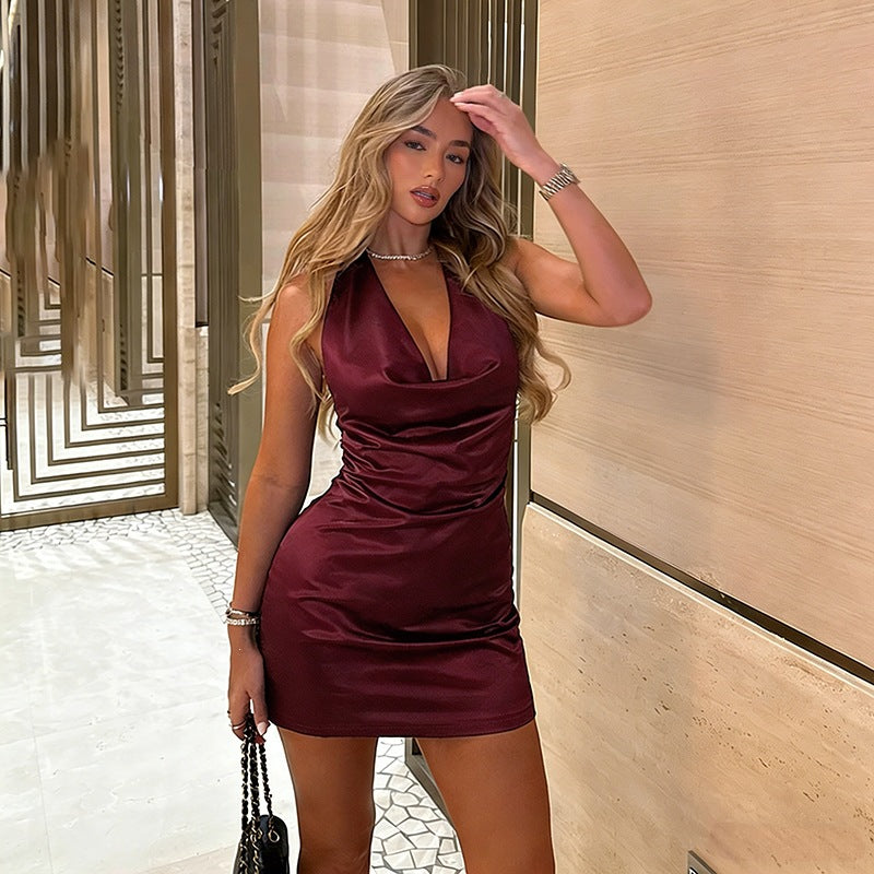 Spring Summer Short Sexy Halter Pockets Collar Sexy Sleeveless Sheath Dress