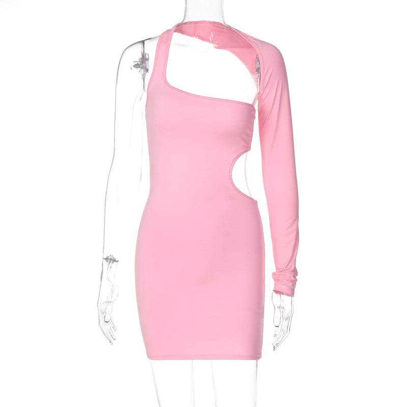 Solid Color One Shoulder Long Sleeve Dress Autumn Sexy Slim Fit Irregular Asymmetric Hip Wrapped Dress Bella Mia