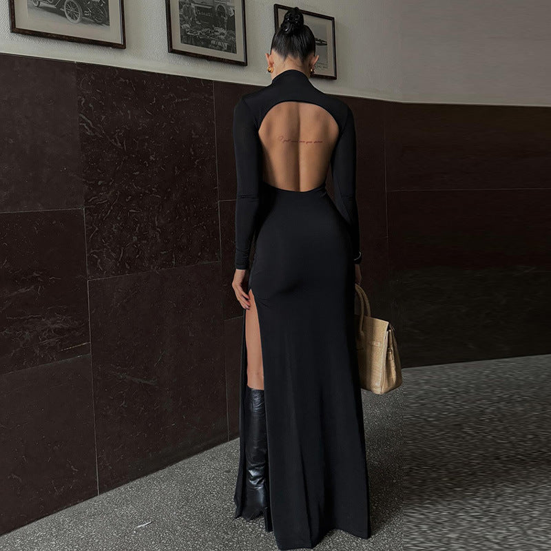 Spring Women Long Sleeve High Neck Sexy Backless Slit Maxi Dress Dress Bella Mia