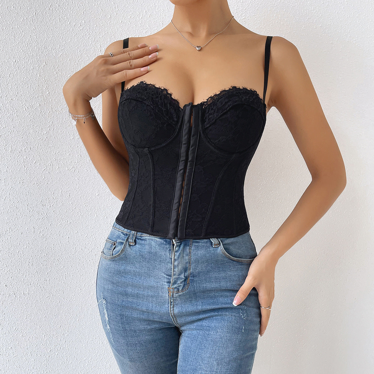 Women Clothing Sexy Solid Color Lace Sling Boning Corset Steel Ring Wrapped Chest Breasted Backless Vest Bella Mia