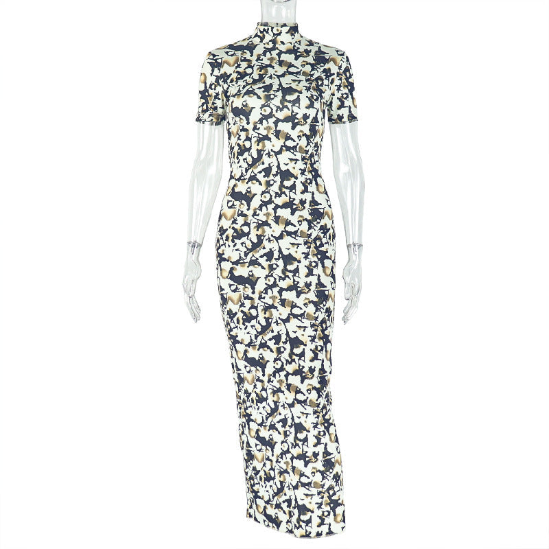 Women Printed Short Sleeve Dress Slim Fit Slimming Design Charm Sexy Backless Hip Bella Mia