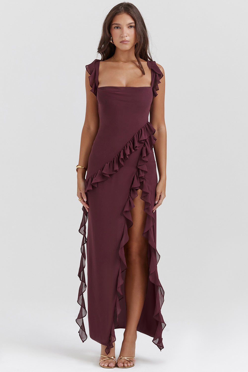 Summer French Strap Wooden Ear Sexy Split Printing Dress Bella Mia