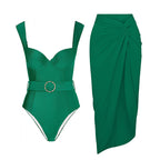 Solid Color One Piece Women Swimwear French Retro Cover Belly Slimming Swimsuit Bella Mia