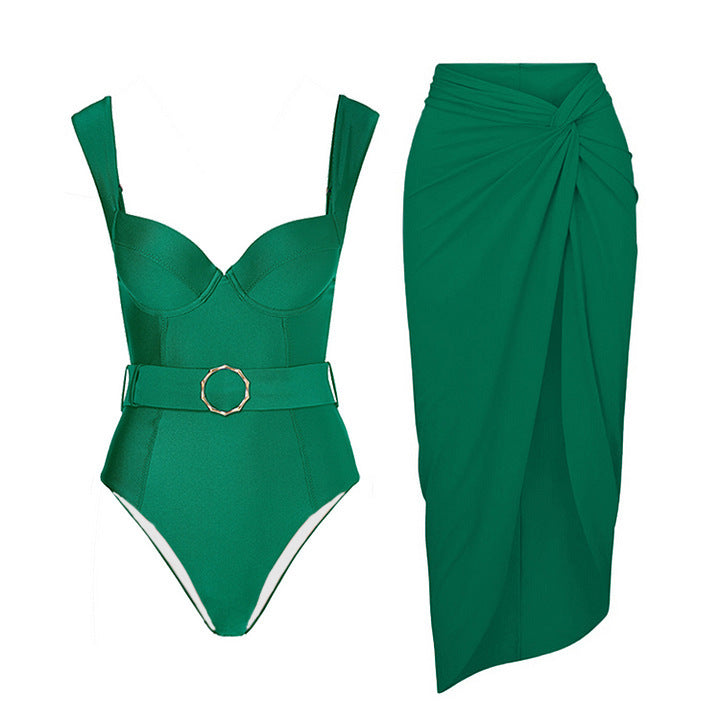 Solid Color One Piece Women Swimwear French Retro Cover Belly Slimming Swimsuit Bella Mia