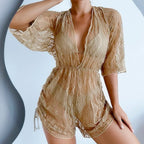 Long Sleeve Mesh Corset Swimsuit Women High Waist Drawstring Sun Protective Blouse Three Piece Bikini Bella Mia