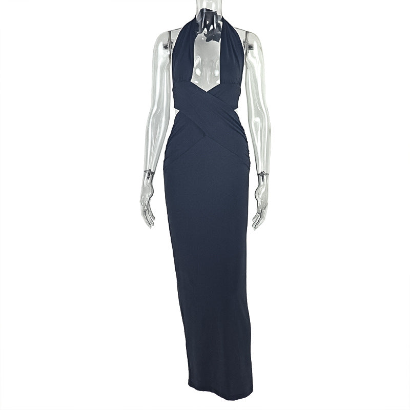 Street Solid Color Women Clothing Ruffle Hip One Step Low Cut Slim Fit Halter Slimming Maxi Dress Bella Mia