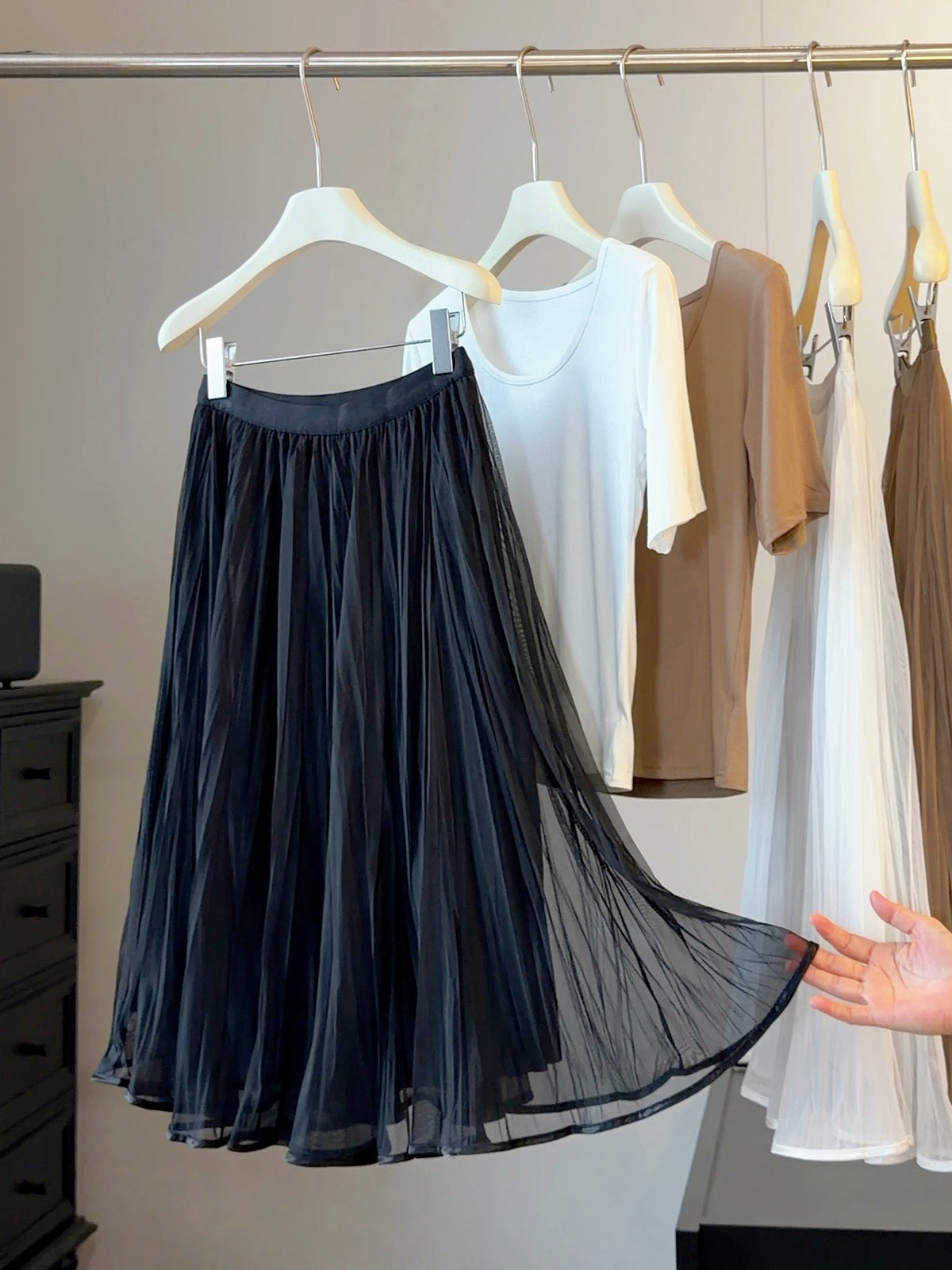 French Gentle Pleated Skirt Women Summer High Waist Drape Streamer A line Large Hem Midi Skirt