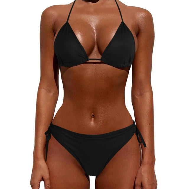 Sexy Solid Color Lace-up Split Swimsuit Sexy Pure Color Tied Separates Swimsuit Luxlife Brands