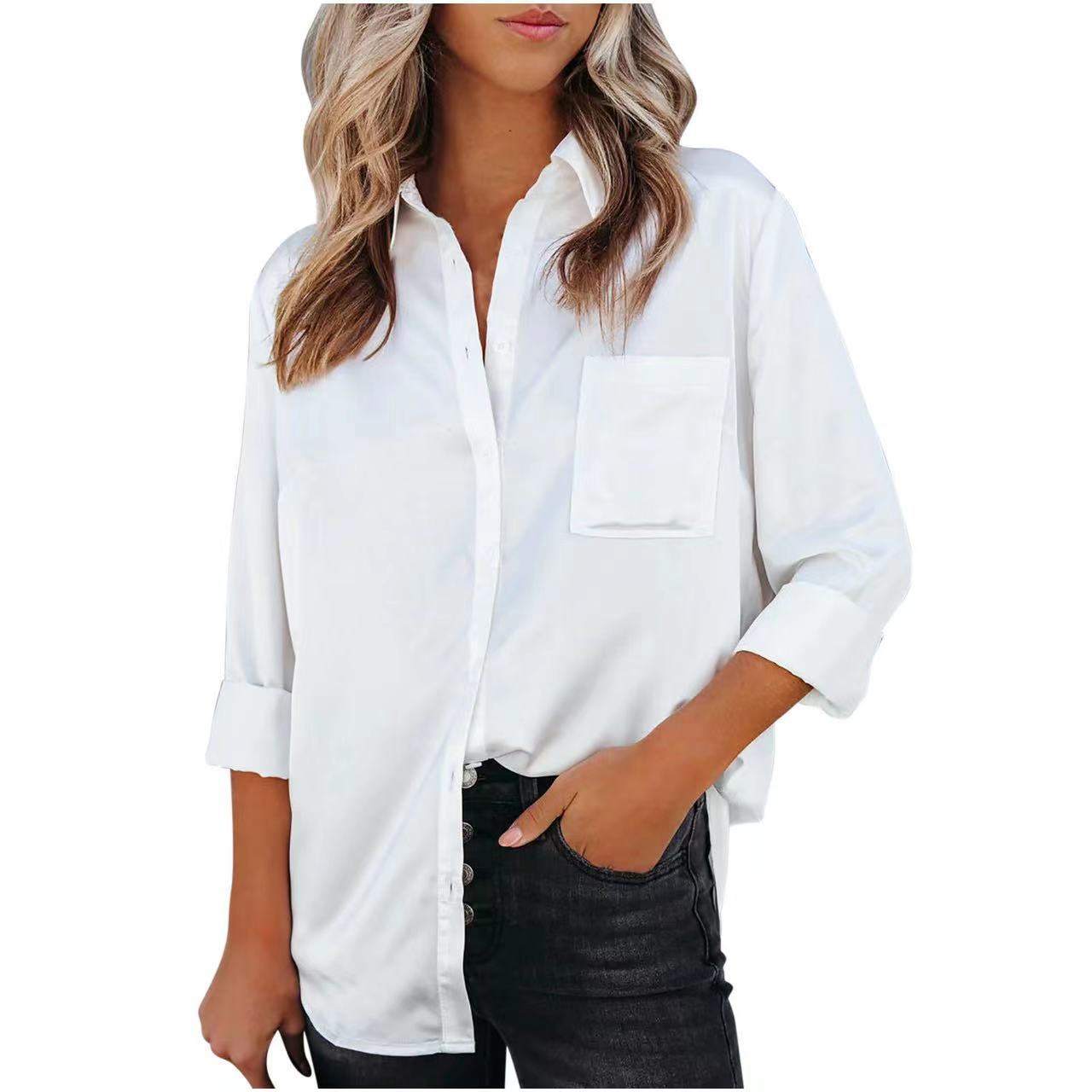 Spring Summer Solid Color Long Sleeve Office Collared Long Sleeve Shirt Solid Color Cardigan Satin Shirt Bella Mia