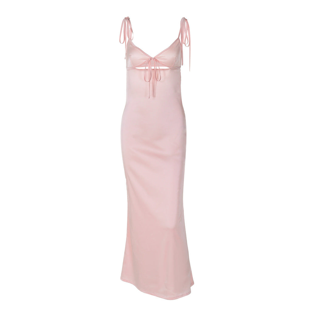 Summer Sexy V neck Lace Strap Satin Dress Sleeveless Self Tie Dress Women Bella Mia