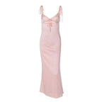 Summer Sexy V neck Lace Strap Satin Dress Sleeveless Self Tie Dress Women Bella Mia