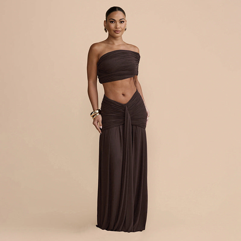 Women Clothing Spring Sexy Solid Color Tube Top Vest Slim Ribbon Pleated Skirt Sets Bella Mia