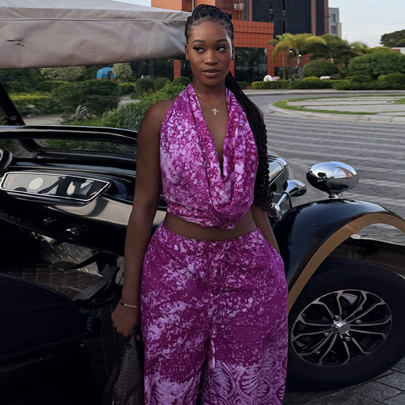 Special Multicolor Women Clothing Loose Pleated Printed Pants Set Swing Collar Summer Outdoor Long Two Piece Set