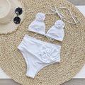 Solid Color Rib Fabric Three Point Bikini Split Swimsuit Women High Waist Strap 3D Decoration Bella Mia