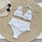 Solid Color Rib Fabric Three Point Bikini Split Swimsuit Women High Waist Strap 3D Decoration Bella Mia
