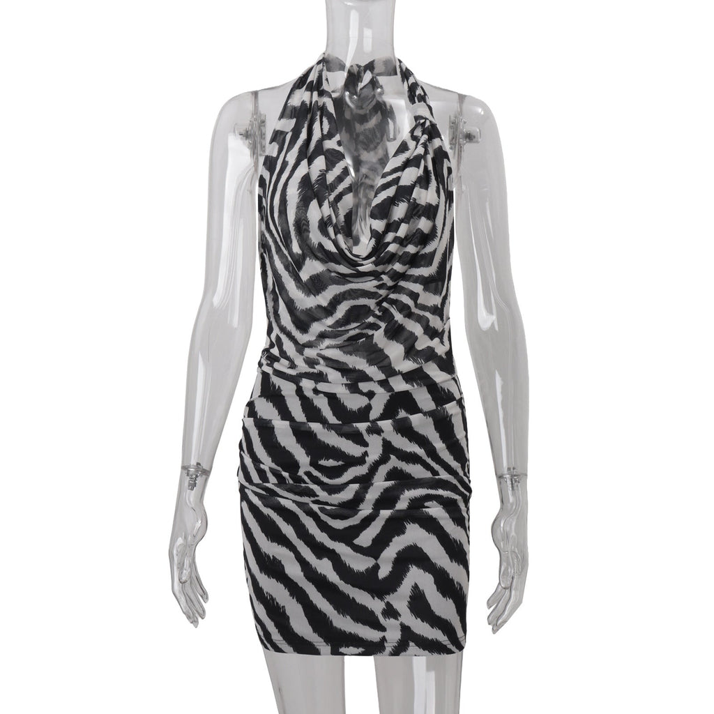 Women Clothing Autumn Sexy Halter Swing Collar Personality Zebra Pattern Sexy Hip Bag Dress Women Bella Mia