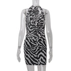 Women Clothing Autumn Sexy Halter Swing Collar Personality Zebra Pattern Sexy Hip Bag Dress Women Bella Mia
