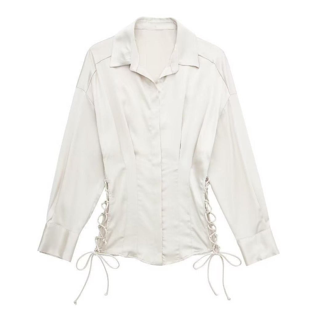 Autumn Women Long Sleeve Lace up Slim Fit Satin Shirt Bella Mia