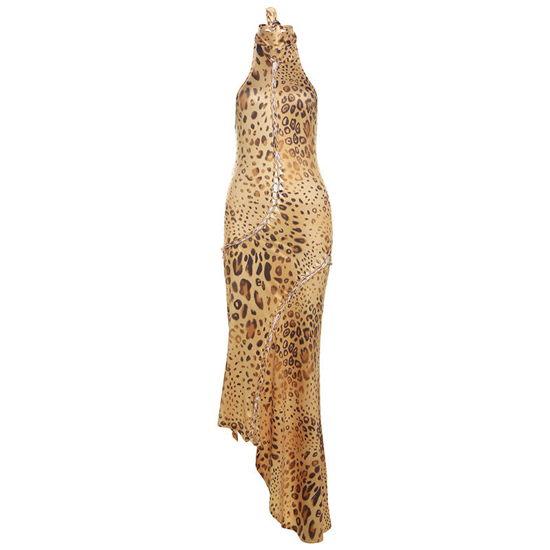 Summer Sexy Backless Slim Fit Strap Halter Irregular Asymmetric Leopard Print Dress Women Bella Mia
