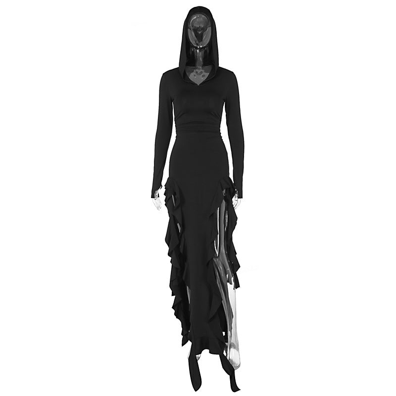 Summer Popular Trend Ruffled Stitching Long Sleeve Hooded Irregular Asymmetric Dress Bella Mia