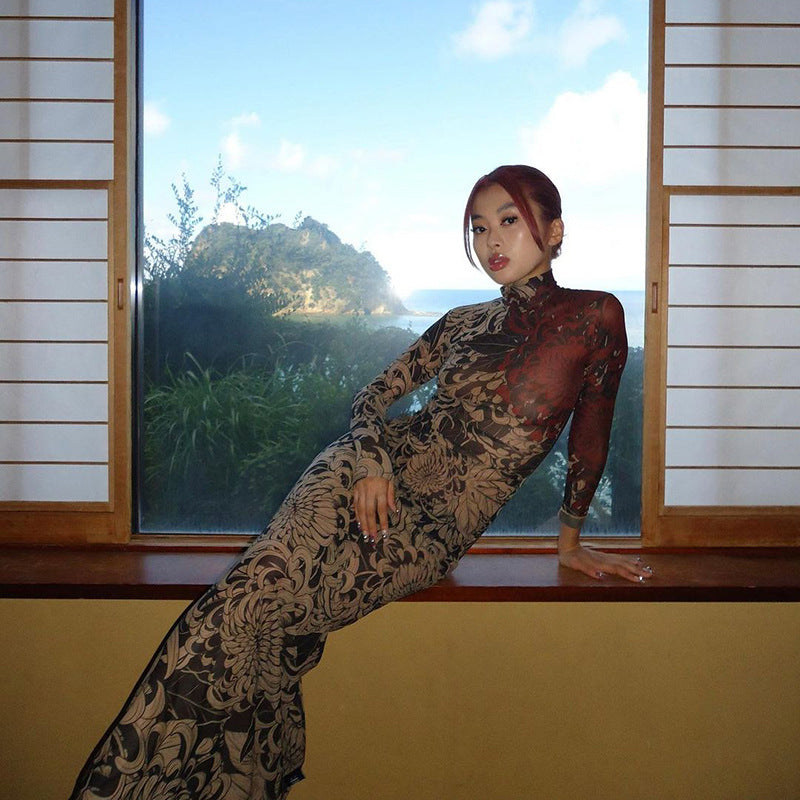 Women Clothing Spring Retro Mesh Personalized Printed Turtleneck Slim Slimming Dress for Women Bella Mia