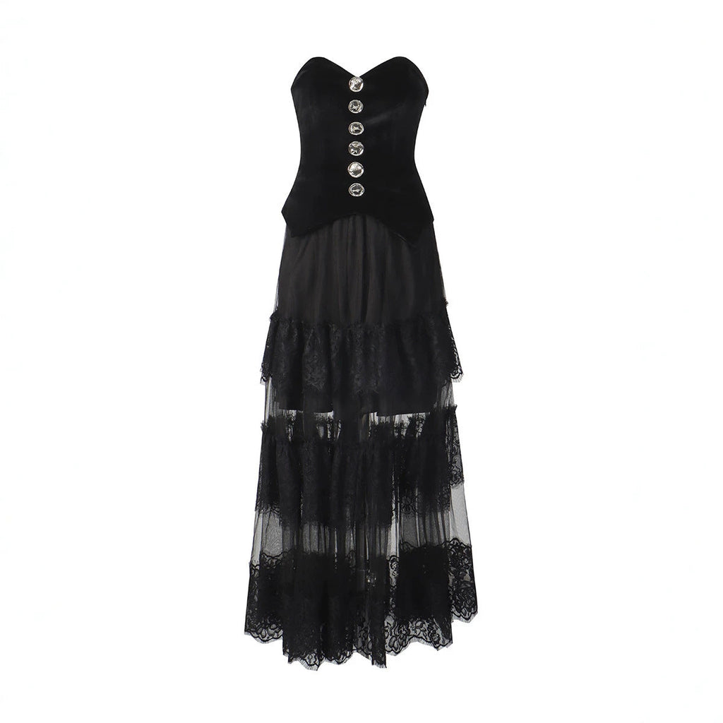 Summer Sexy Spicy Girl Retro Lace Stitching Tube Top Waist Slimming Niche Dress Women