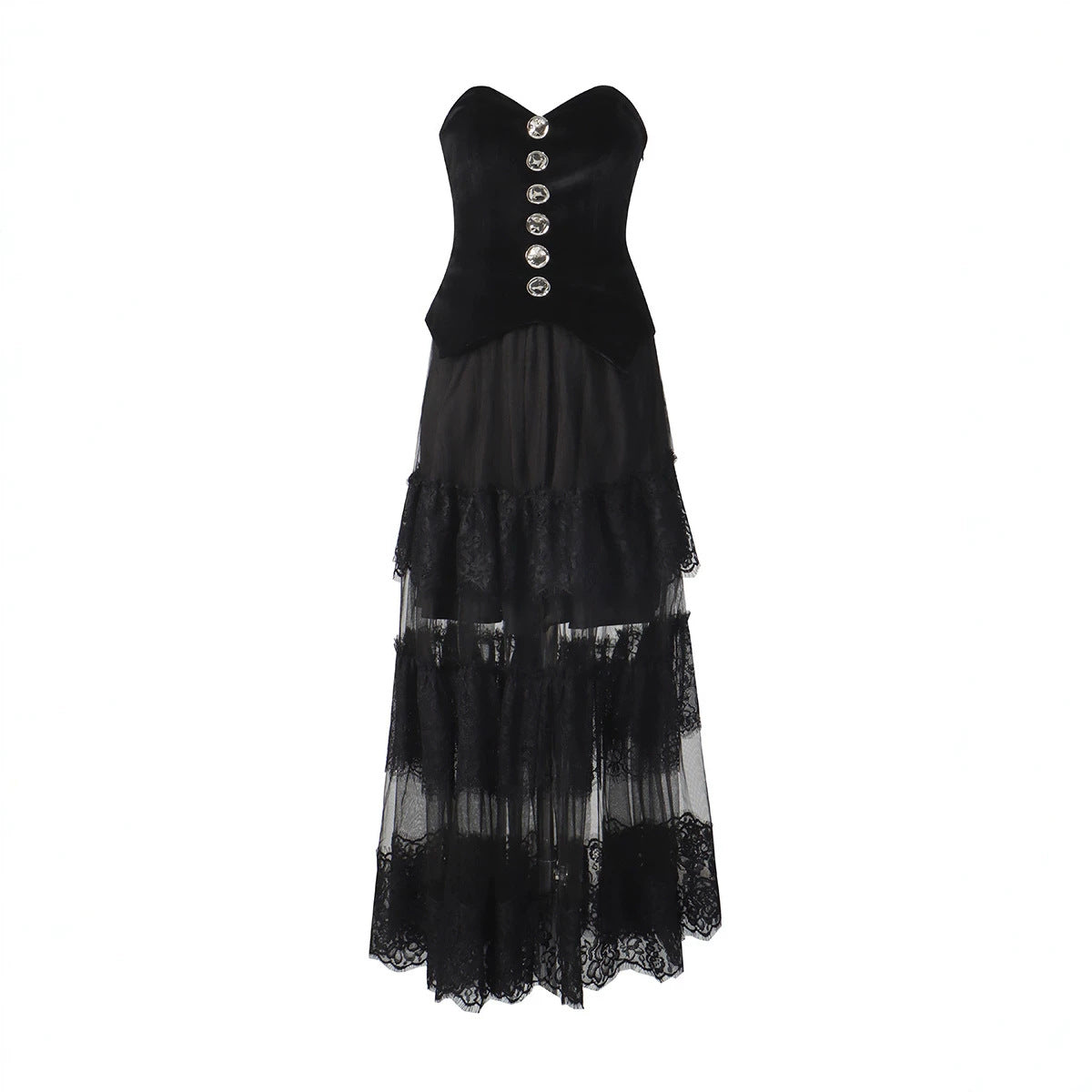 Summer Sexy Spicy Girl Retro Lace Stitching Tube Top Waist Slimming Niche Dress Women