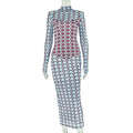 Women Clothing Micro Transparent Printing Slim One Step Hip Turtleneck Long Sleeve Dress Bella Mia