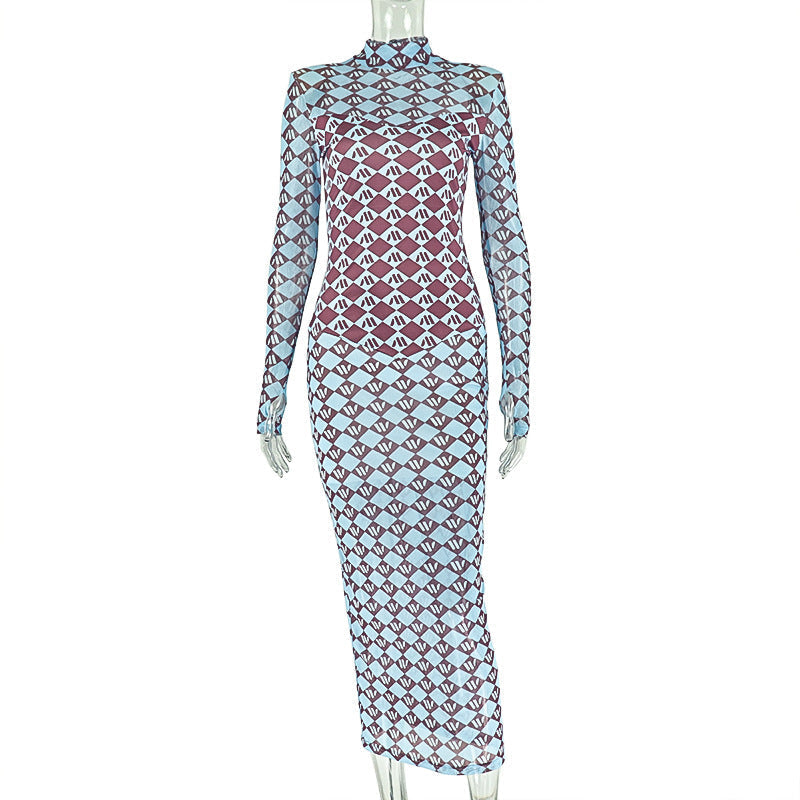 Women Clothing Micro Transparent Printing Slim One Step Hip Turtleneck Long Sleeve Dress Bella Mia