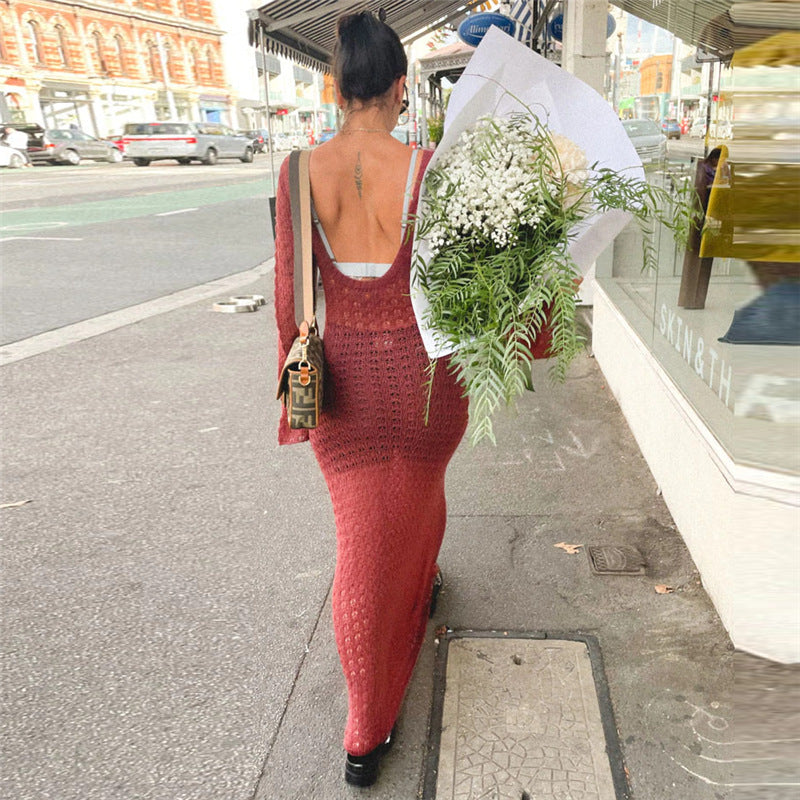 Sexy Backless Knitted Dress Hollow Out Cutout out See through Fishnet Long Sleeve Summer Sun Protection by the Sea Dress Women Bella Mia