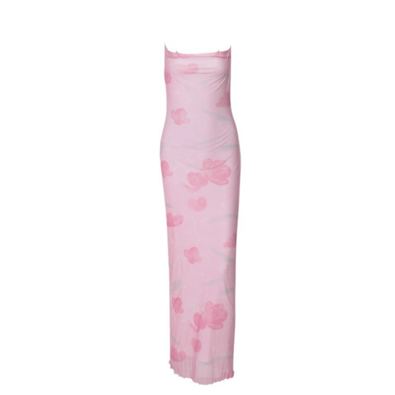 Women Clothing Summer Sexy Sweet Spicy off Neck Mesh Floral Print Long Sling Dress Bella Mia