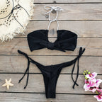 Solid Color Lace up Low Waist Sexy Hollow Out Cutout Bikini Split Swimsuit Women Bikini Bella Mia