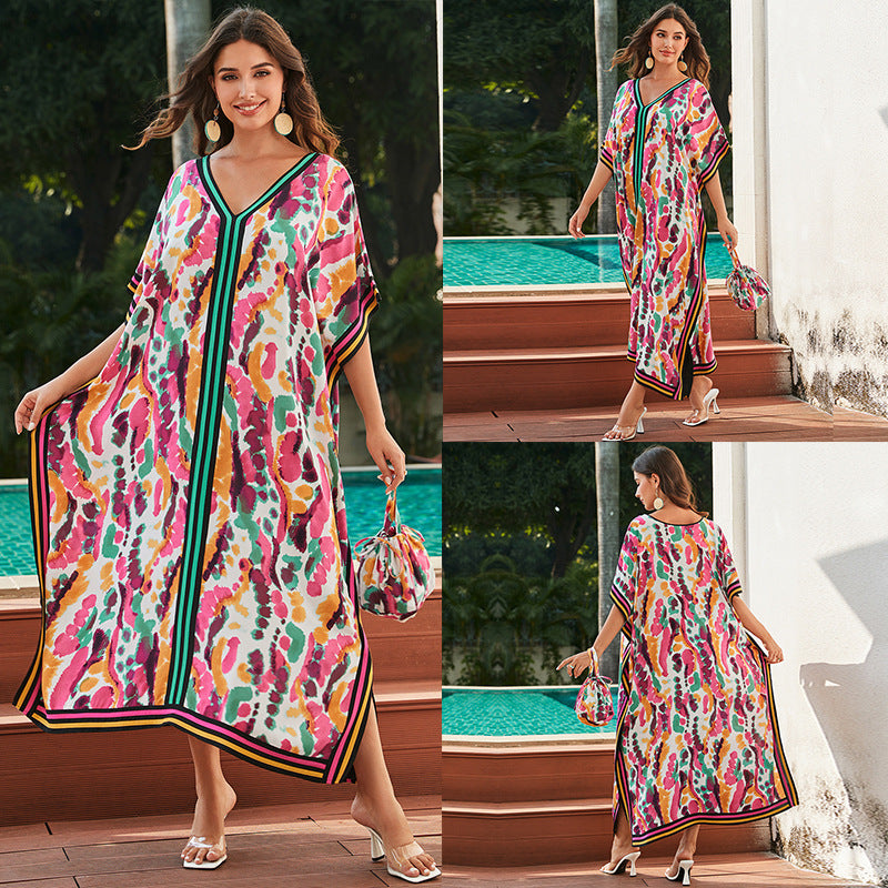 Rayon Tie Dyed Beach Maxi Dress Loose Robe Bikini Swimsuit Outwear Blouse Sun Protection Shirt Bella Mia