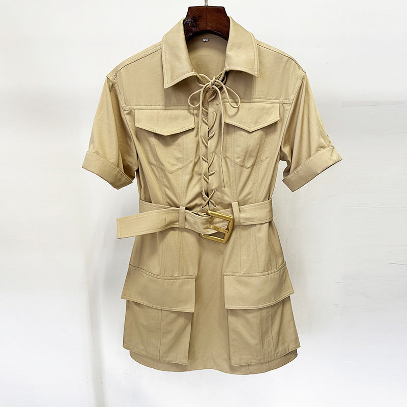 Early Spring Star Series Belt Rope Short Sleeve Casual Dress