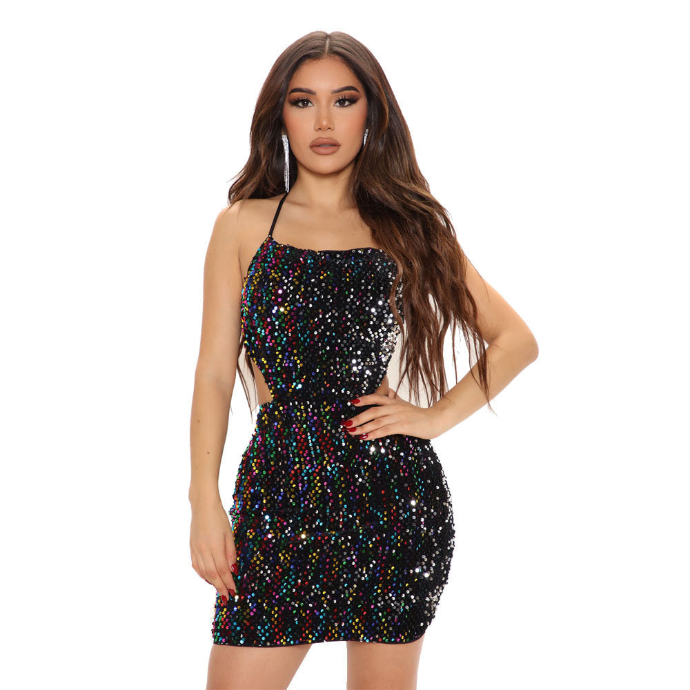 Women Autumn Winter Sling Backless Lace up Sequined Skinny Sheath Evening Dress Sexy Dress Bella Mia