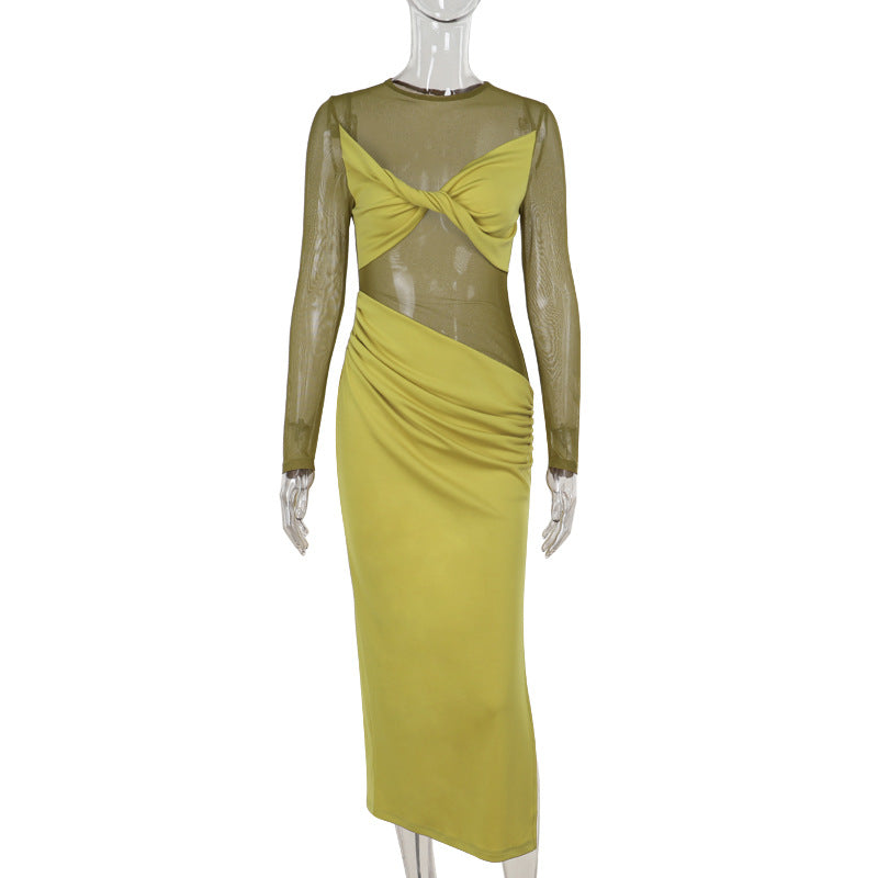 Mesh Stitching Sexy Sheer Long Sleeve Dress Women Maxi Dress Bella Mia