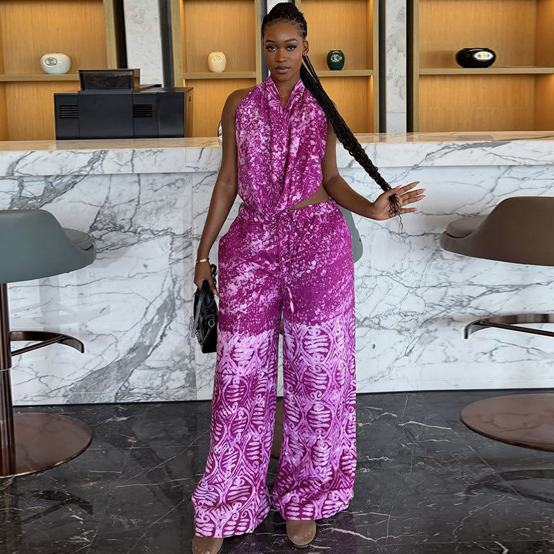 Special Multicolor Women Clothing Loose Pleated Printed Pants Set Swing Collar Summer Outdoor Long Two Piece Set