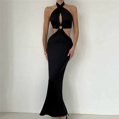 Splice Neck Strap Open Back Long Skirt Halter Strap Backless Dress